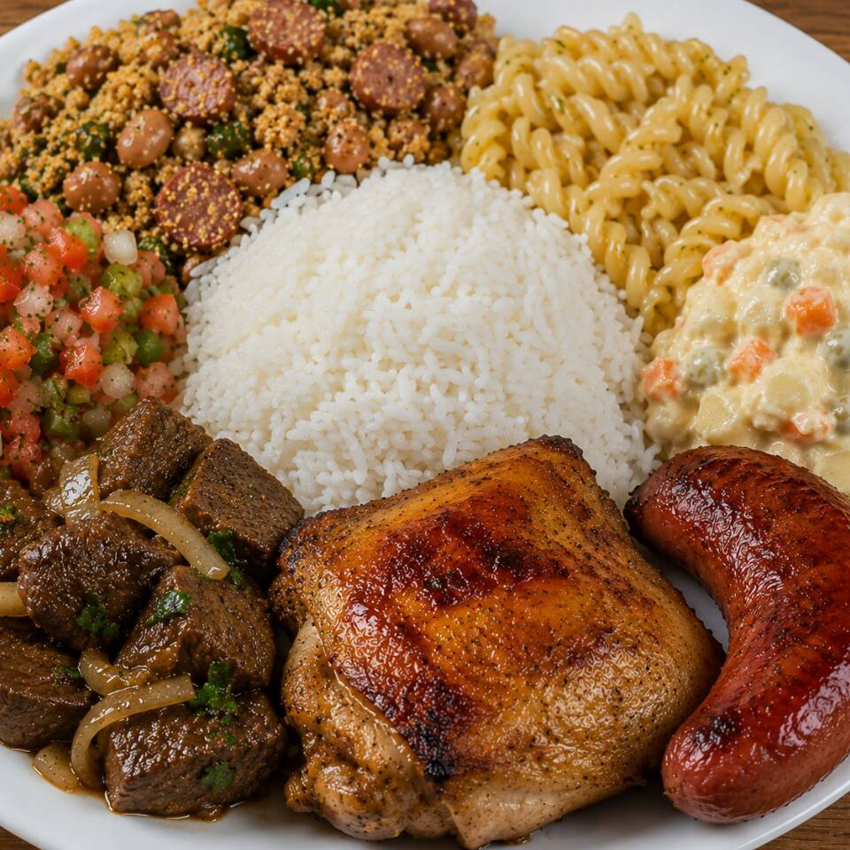 Arroz, feijão tropeiro, vinagrete e Macarrão