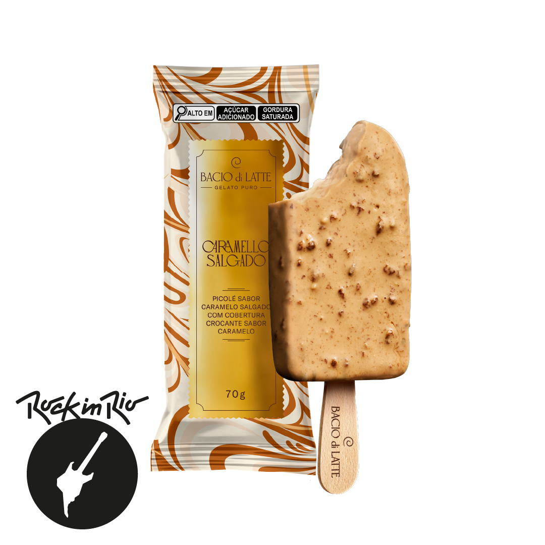 Gelato cremoso de caramelo salgado com um toque de flor de sal e uma deliciosa cobertura de caramelo com flocos crocantes de caramelo salgado!