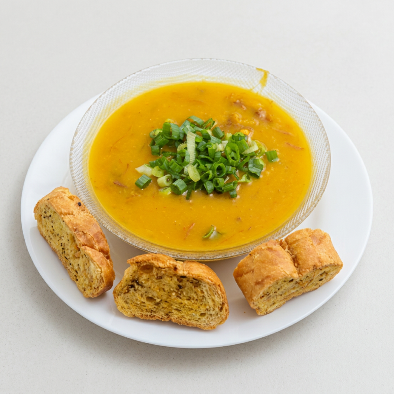 Caldo de Carne seca com cabotia 500ml, torrada e cebolinha caldo contem pimenta de cheiro e pimenta bode