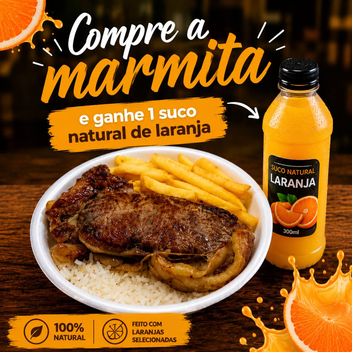 Marmita completa com arroz, feijão de caldo, bife bovino acebolado, batata frita e acompanhamento à escolha entre salada do dia ou salada de maionese. 🥤 Acompanha 1 suco natural de laranja 200ml grátis.