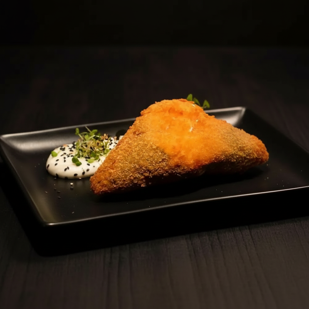 Alga, arroz japonês, salmão grelhado e empanado em panko --- Acompanha: 1 sachê de shoyu e 1 sachê de tarê.