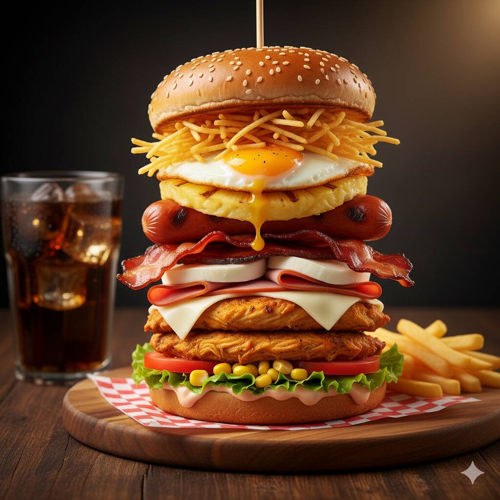 Pão, 2 Frangos, 4 Bacons, 2 Ovos, 2 Salsichas, 2 Presuntos, 2 Mussarelas, Abacaxi, Milho, Tomate, Alface, Batata Palha