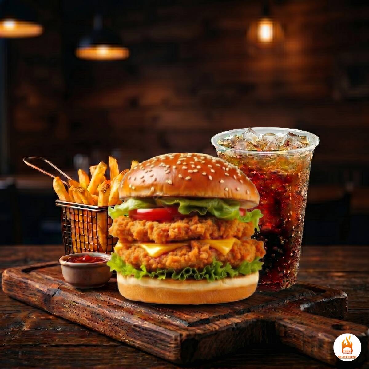 Burguer doble pollo crispy + papas + tè