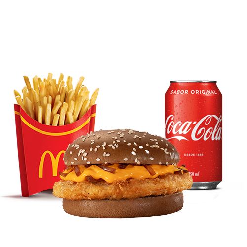 Empanado com frango, molho lácteo com queijo tipo cheddar, cebola ao molho shoyu e pão escuro com gergelim, acompanhamento e bebida