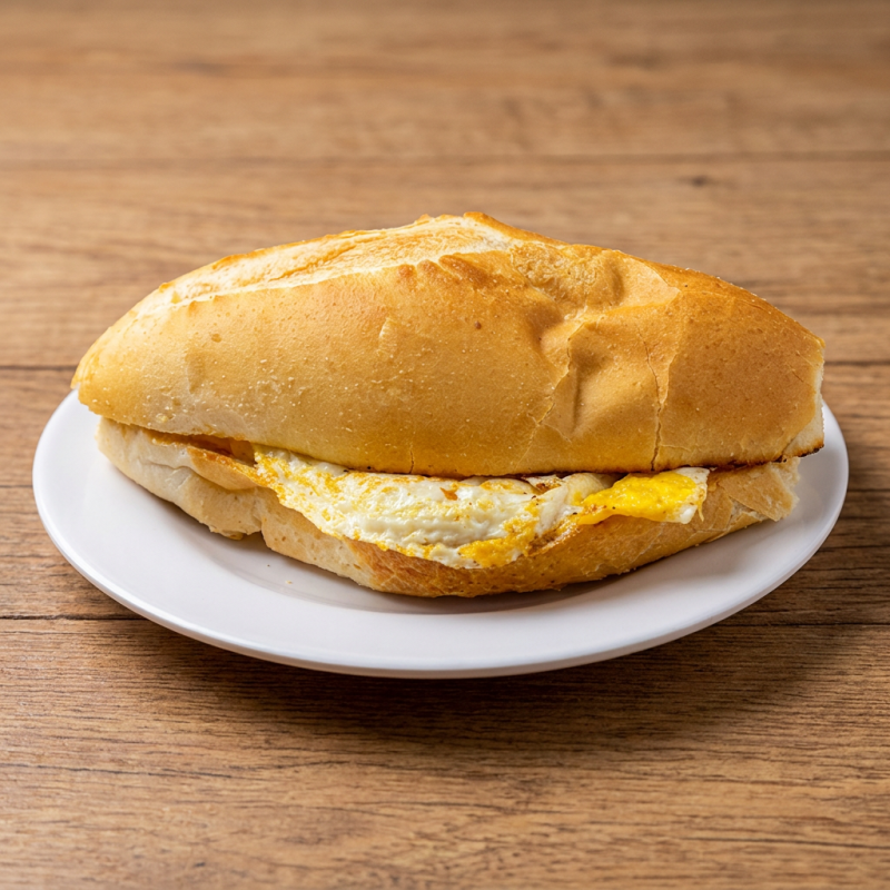 Apresentamos a você nosso saboroso 'Pão com Ovo', uma verdadeira delícia da categoria 'Sanduíche'. Esta opção traz um irresistível Pão Francês, crocante por fora e macio por dentro, combinado com um suculento ovo frito na manteiga, que lhe confere um toque especial e inesquecível. Uma escolha simples, mas repleta de sabor e texturas que irão surpreender o seu paladar. Experimente e descubra o prazer escondido nesta combinação clássica e amada por todos!
