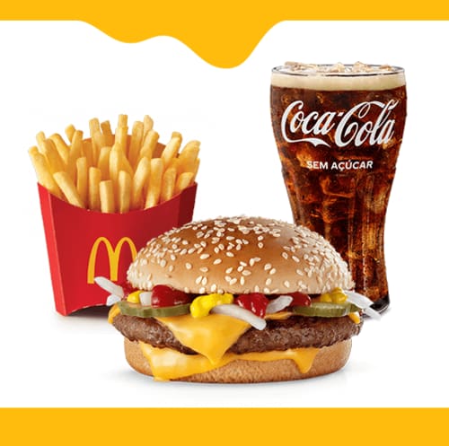 Um hambúrguer feito com pura carne bovina, envolvida por duas fatias de queijo temperado com ketchup, mostarda, cebola e picles, McFritas média e bebida