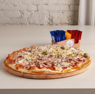 Saboreie nossa irresistível Pizza Grande, dividida harmoniosamente entre os sabores clássico da Calabresa, enriquecida com cebolas crocantes, e a tradicional Portuguesa, recheada com presunto de primeira, ovo, azeitonas saborosas e cebola. Tudo isso sobre um autêntico molho de tomate artesanal, coberto com uma generosa camada de mussarela derretida. Uma iguaria exclusiva para os paladares mais exi