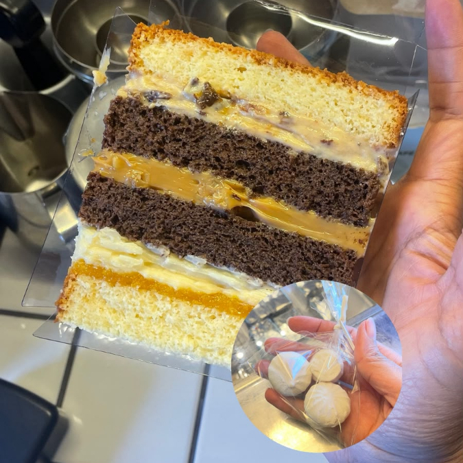 Um classico, massa branca e de chocolate com 3 camadas de recheio sendo a primeira com brigadeiro com ameixa, a segunda com doce de leite com nozes e a terceira com cocada cremosa e uma compota de damasco. Acompanha mini suspiros para a experiência ficar ainda melhor. Aprox. 290g