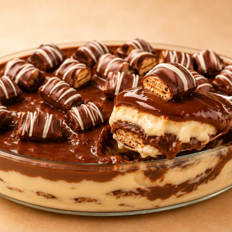 Travessa ultra cremosa com creme especial, creme de avelã e muito Kinder Bueno. Geladinha, intensa e simplesmente viciante.