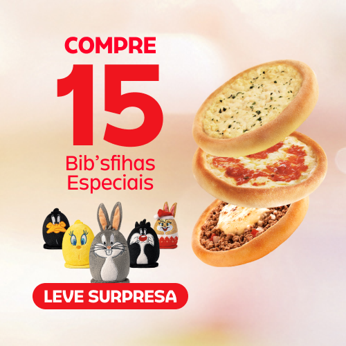 Aproveite! 15 Esfihas Especiais ou Clássicas com um desconto imperdível e você ainda leva 1 Surpresa exclusiva Looney Tunes. Mais sabor, mais economia e um benefício extra pra deixar o pedido ainda melhor!