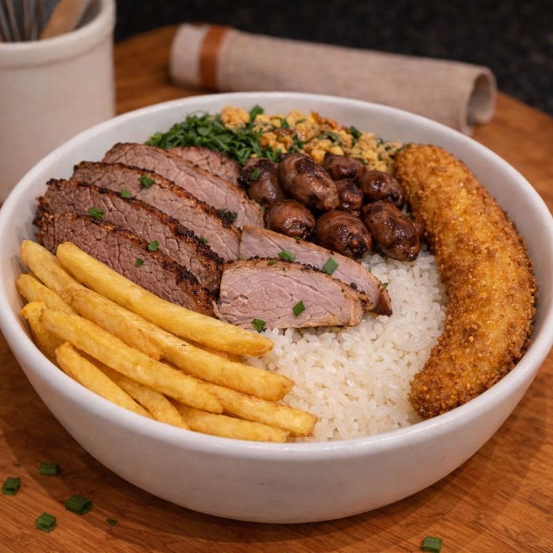 Marmitex grande com 3 carnes: alcatra, lombo e coração, acompanhamento arroz, feijão tropeiro ou feijão comum, fritas e banana à milanesa