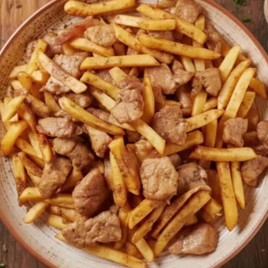 Carne bovina fatiada com batatas fritas, envolvidos no clássico molho do Lig-Lig. Preparado no wok chinês de forma artesanal com ingredientes frescos.