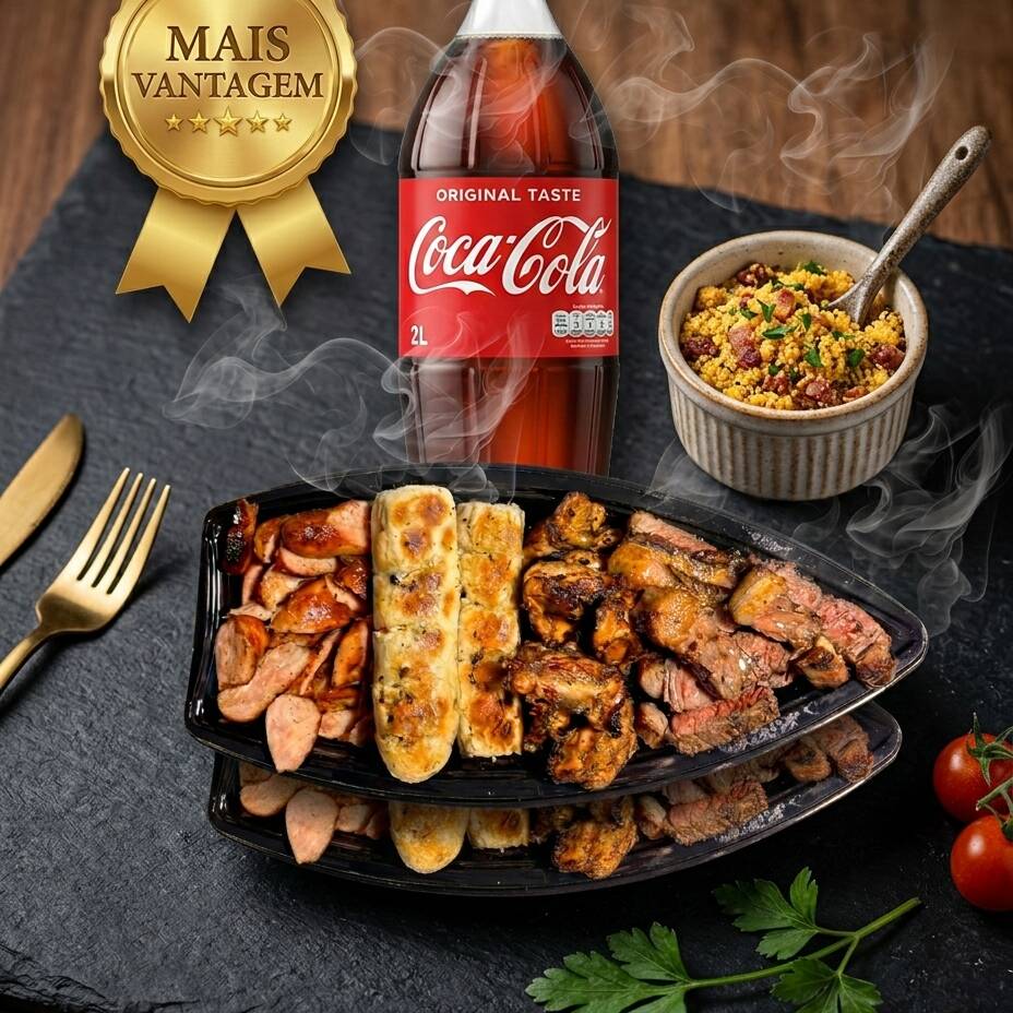 Aproveite a promoção 'Pague 1 e Leve 2 Barcas Gg(2kg) Família Feliz' do nosso cardápio especial do Mês. Você receberá duas generosas barcas tamanho de 1kg Grande, cada uma repleta de saborosos ingredientes: Fraldinha ou Contra filé desmanchando, linguiça suculenta, frango macio e pão crocante, todos harmoniosamente juntos e acentuados por uma deliciosa farofa c