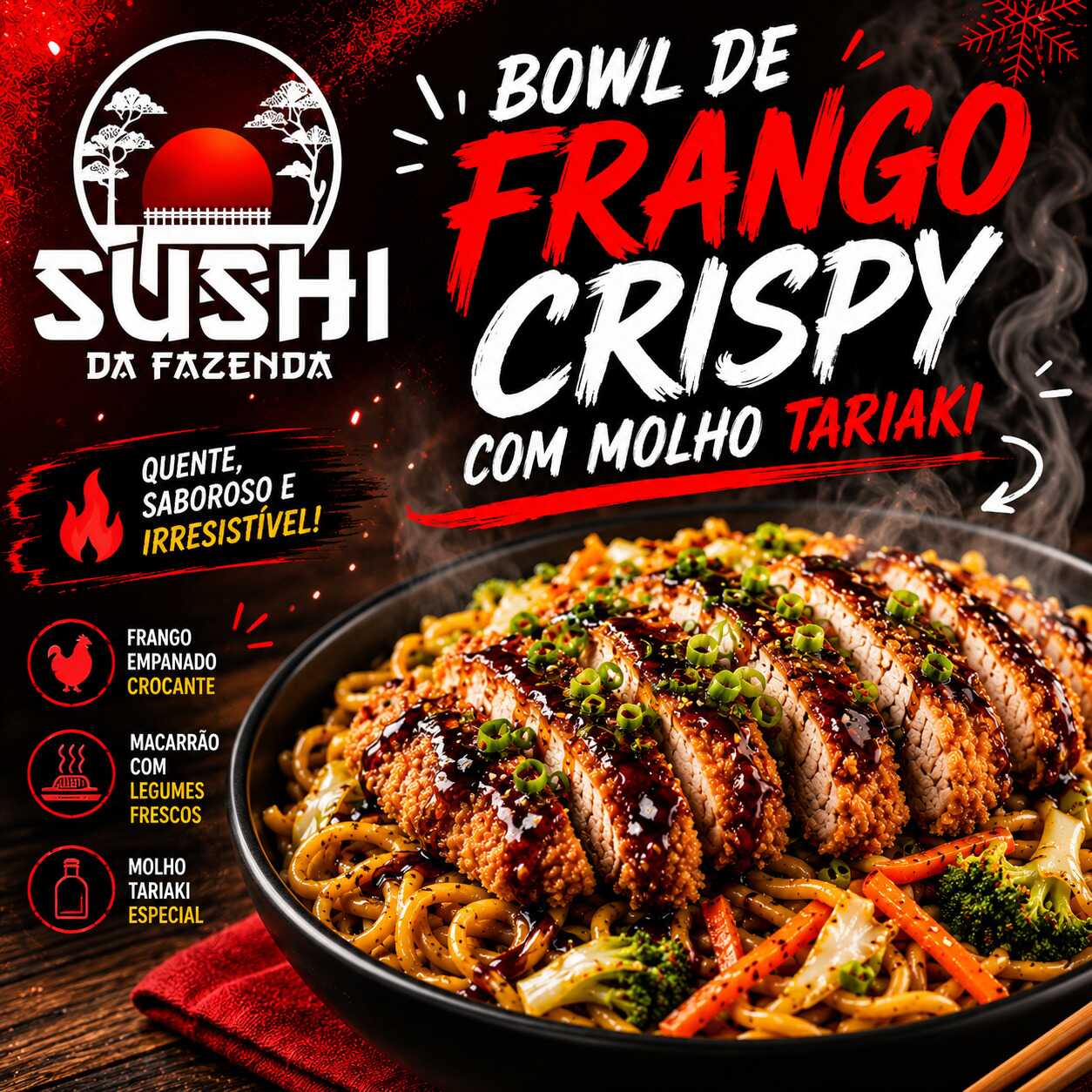 🍜 Bowl de Frango Crispy com Molho Teriyaki
200g de macarrão alho e óleo com cenoura e brócolis, acompanhado de 120g de frango empanado crocante e finalizado com molho teriyaki especial. Uma combinação irresistível de sabor, crocância e muito molho! 🔥🥢