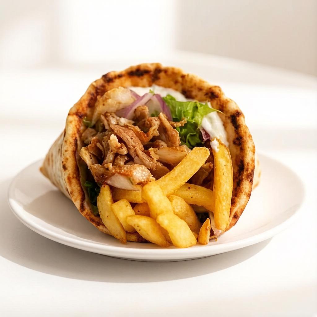 Shawarma de carne bovina c/ Fritas: Acompanhamento: Alface,Tomate, Pepino Japonês, coentro , Cebola Roxa e Pastade alho dentro .