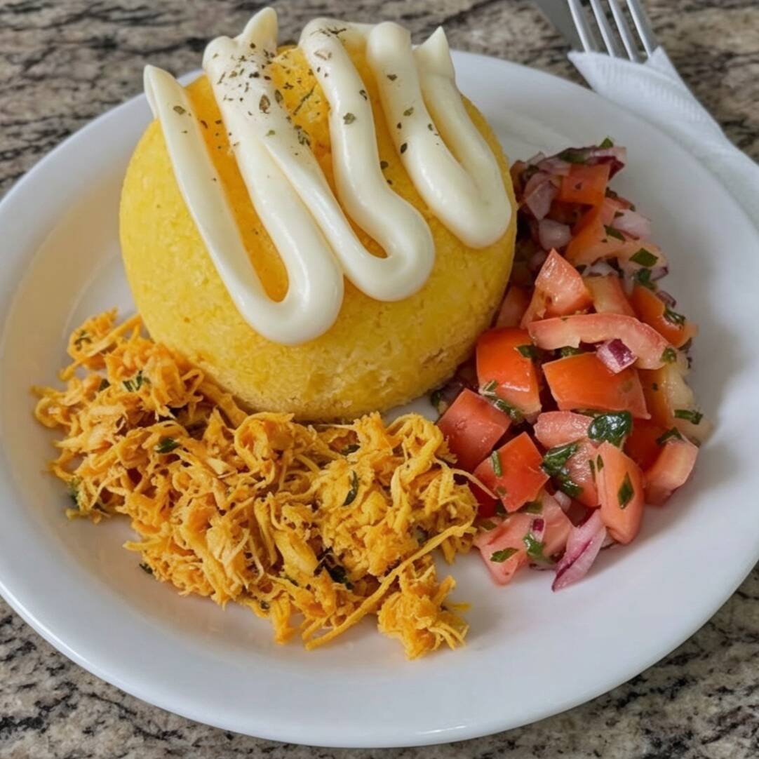 Um delicioso cuscuz com recheio de frango ,catupiry e vinagrete