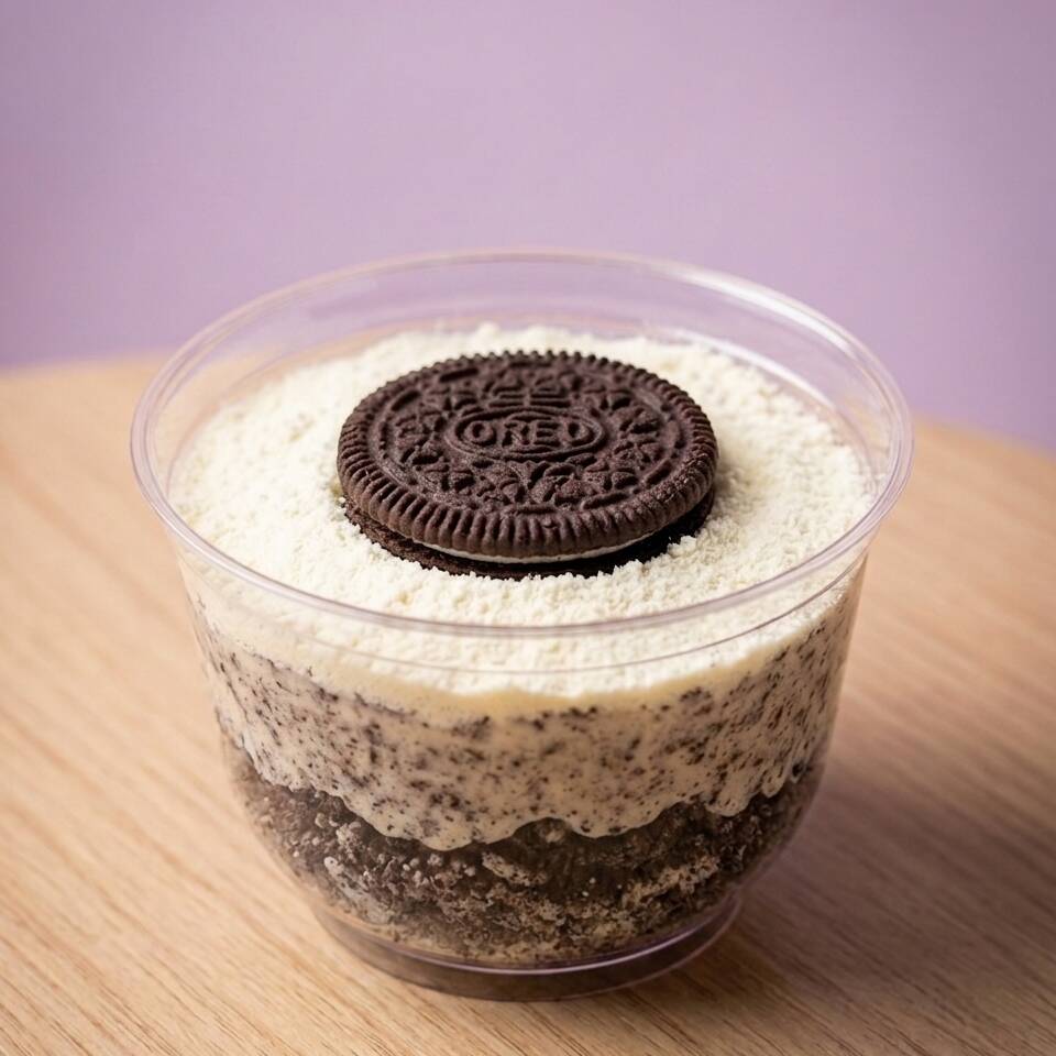 Recheio de Ninho com Oreo, Farinha de Biscoito Oreo, Leite Ninho e Biscoito Oreo para decorar. Serve 1 pessoa (aprox. 180ml)