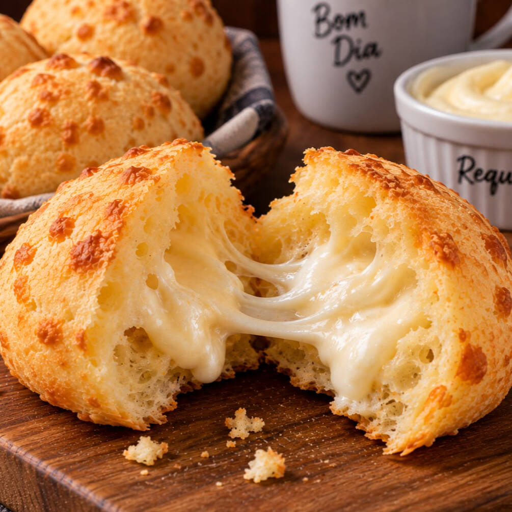 Pão de queijo quentinho recheado com requeijão cremoso