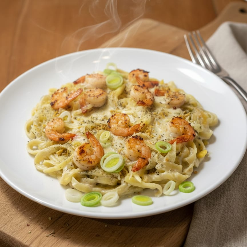 Massa com molho bechamel (branco), camarões salteados no alho, mussarela derretida e alho poró. Finalizado com orégano, manjericão ou ervas finas para realçar ainda mais o sabor. Um prato premium, perfeito para momentos especiais.