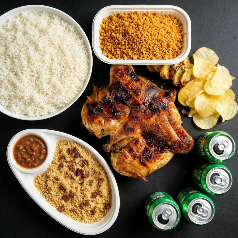 Galeto Supremo que serve até 4 pessoas + Arroz Branco p 4 + Farofa Tradicional p 4 + Batata Chips p 4 + 4 Coca-Cola Lata (normal ou zero escrever em observações)