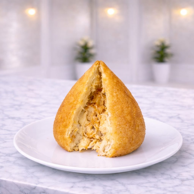 Crocante por fora e incrivelmente cremosa por dentro, a coxinha com Catupiry é um clássico irresistível. Feita com massa macia e dourada, ela envolve um recheio suculento de frango desfiado bem temperado, combinado com o toque especial do Catupiry, que derrete na boca a cada mordida. Uma explosão de sabor que conquista qualquer paladar!