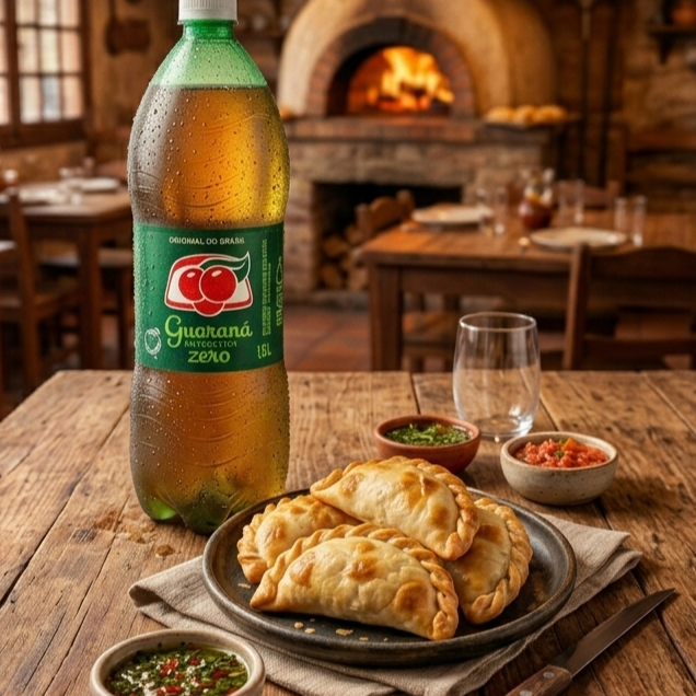 - 6 Empanadas à sua escolha ;
- 1 Garrafa Guaraná Antartica à sua escolha; Original 1,5L ou Zero Sem Açúcar 1,5L