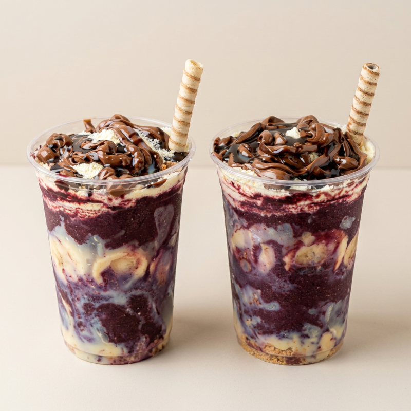 2 Copos de Açai com creme avelã , banana , leite em pó ,paçoca ,leite condesando e calda de chocolate!