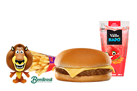 Combo Burger é composto de 1 Cheeseburger + 1 Batata Palito P + 1 Del Valle Kapo + 1 Personagem Dreamworks.