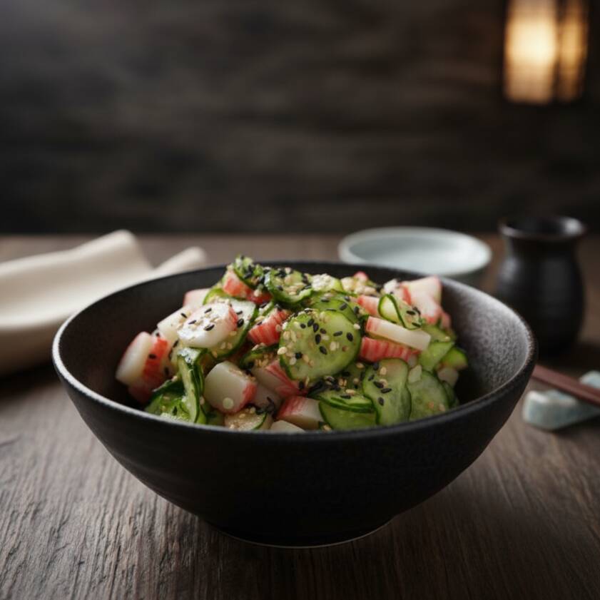 Pepino japonês fatiado marinado no molho agridoce com gergelim e kani fatiado.