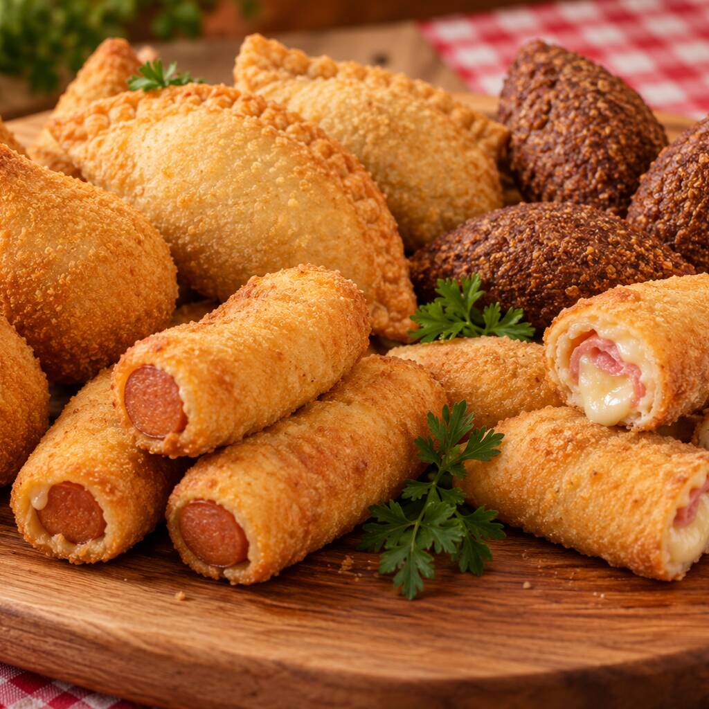 Um pacote com 5 salgados GRANDES para deixar qualquer lanche muito mais gostoso! 🤤❤️ Recheios e sabores que dão água na boca: coxinha de frango, pastel de carne, kibe, enrolado de presunto e mussarela e enrolado de salsicha. Todos preparados com carinho, crus e congelados, prontos para você fritar em casa e servir bem quentinhos, dourados e crocantes. É abrir o pacote, escolher o seu favorito e deixar a vontade falar mais alto! 😋