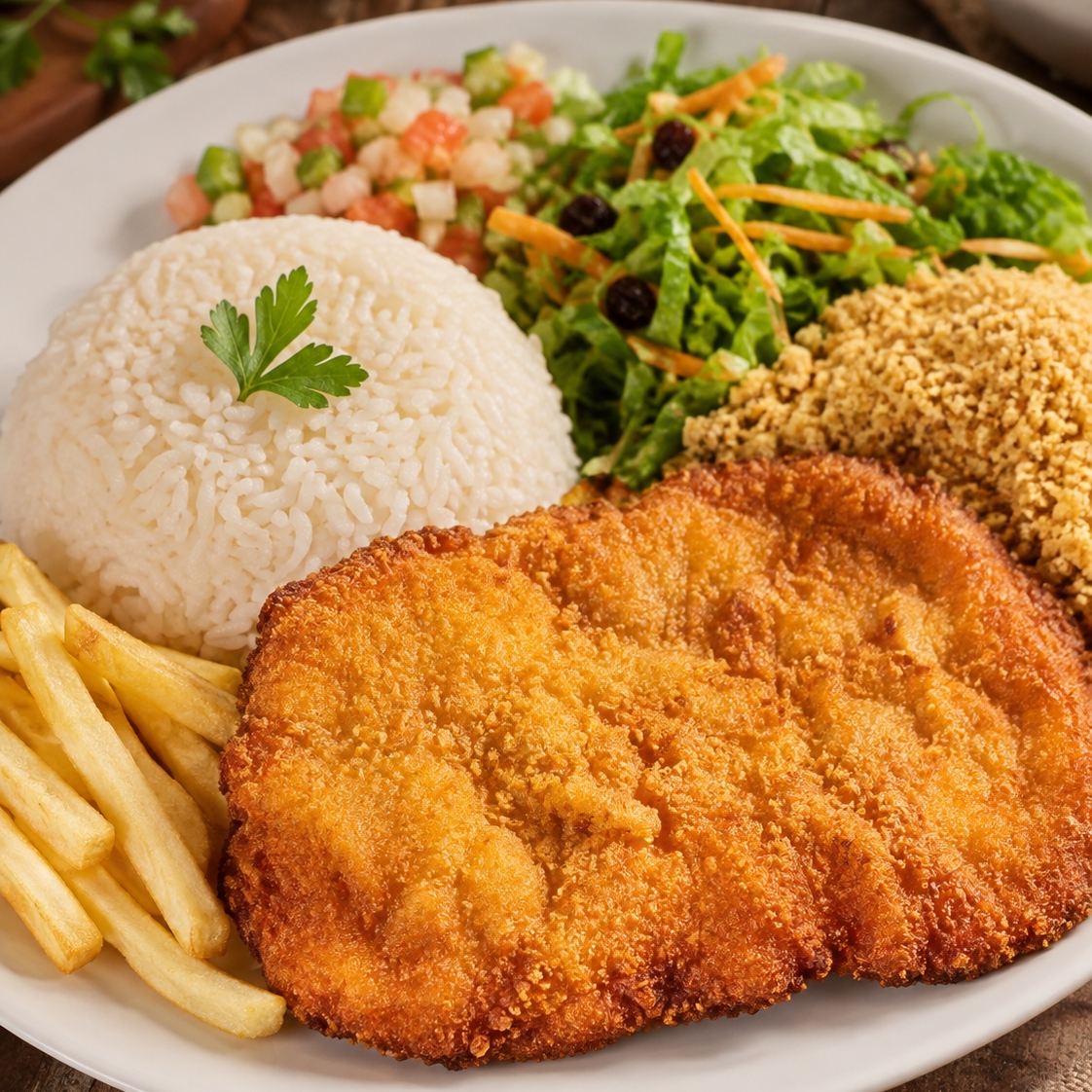 Acompanhamentos: arroz branco, farofa crocante, macarrão espaguete e salada do dia.