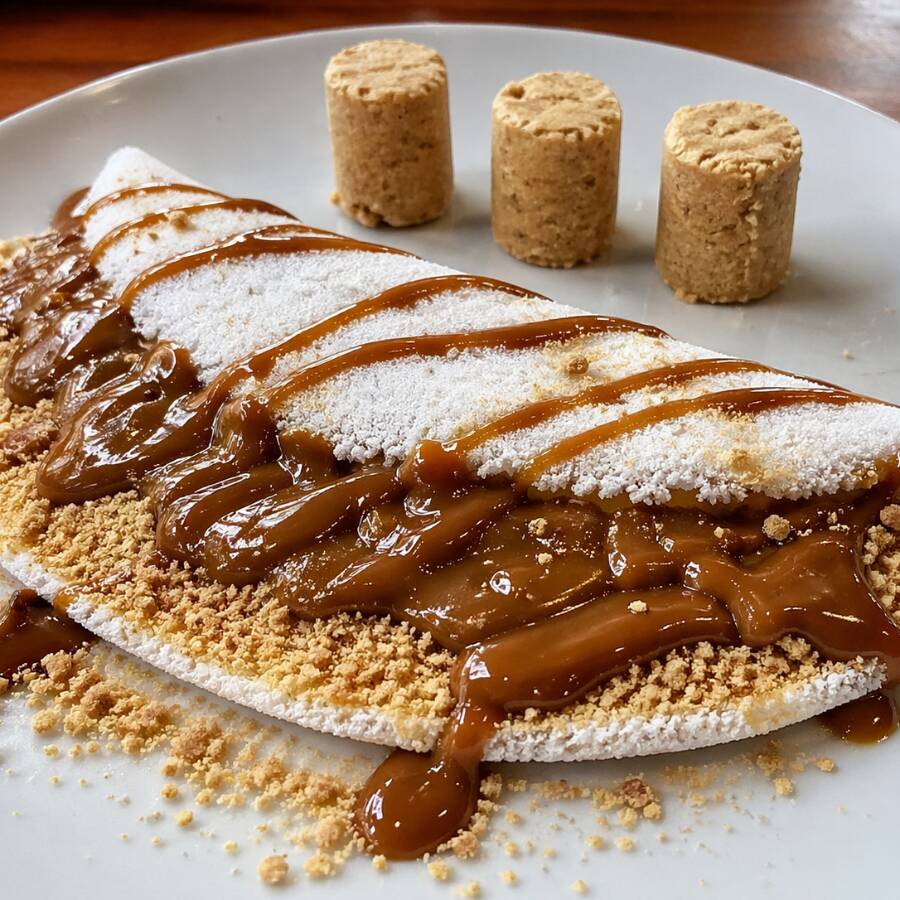 Deliciosa Tapioca Gourmet Feita Com Massa 100% Artesanal E Sem Glúten, Recheada Com Doce De Leite Puro De Alta Qualidade E Uma Chuva De Paçoquita Legítima. A Mistura Perfeita Do Doce De Leite Com Paçoca Esfarelada, Cremosa E Com Gostinho De Infância.