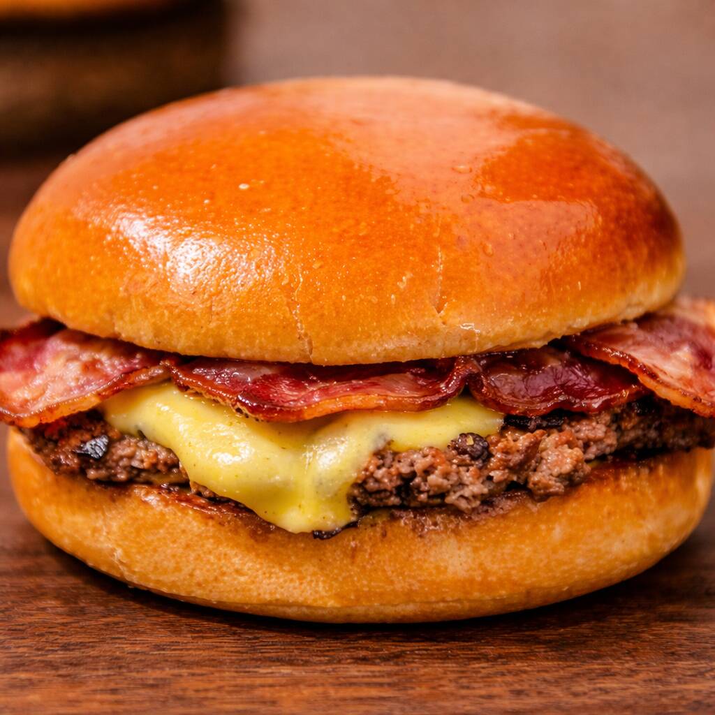 pão brioche, burger Smash 80g, mussarela, molho grill e bacon.