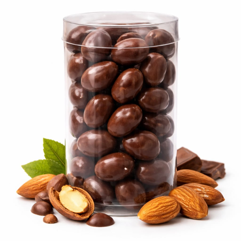 Drágea de chocolate meio amargo com amêndoas.