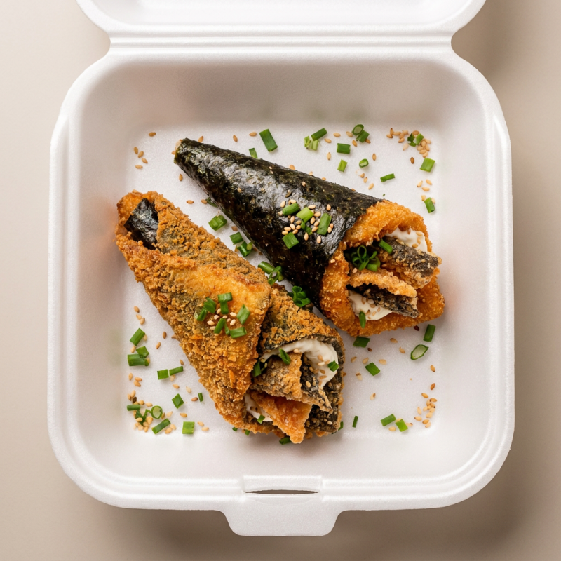 Pele de salmão frita misturado com creamchease e cebolinha, depois faz o temaki e fruta .