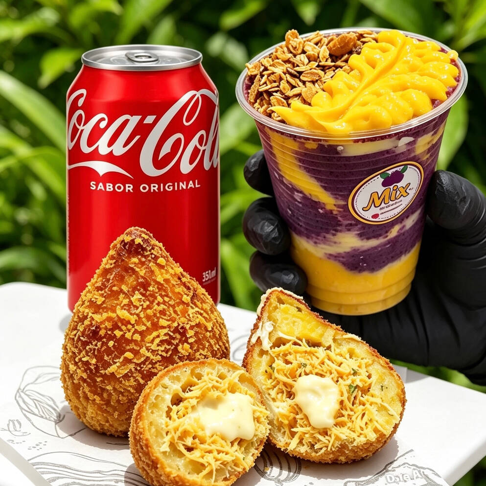 ACAÍ 300ML + COXINHA FRANGO COM REQUEIJÃO/EMPADÃO 250GR + REFRIGERANTE LATA 350ML.