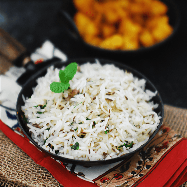 Arroz basmati refogado com aromática semente de cuminho e ghee.