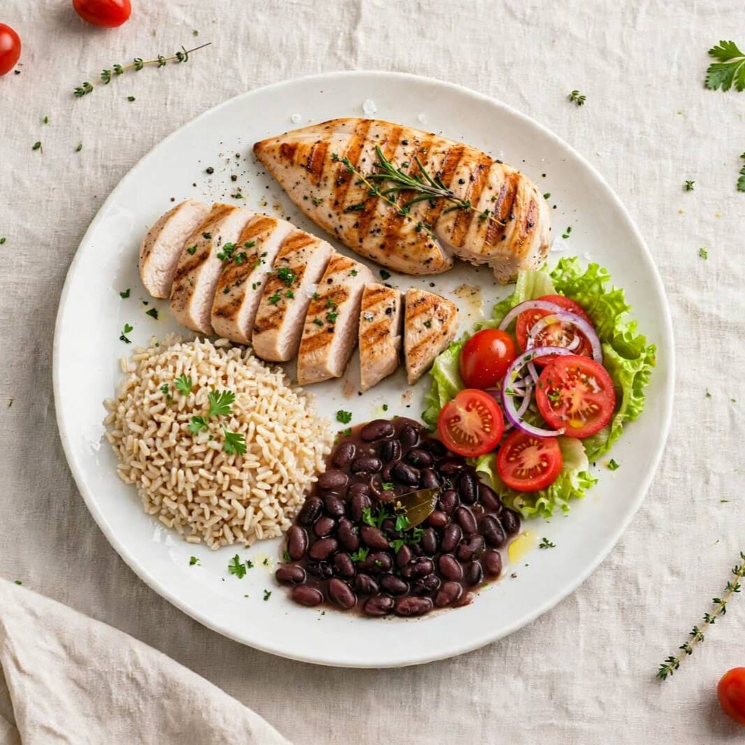 filé de frango grelhado na manteiga com arroz integral, feijão fresquinho, salada temperada com molho cremoso da casa