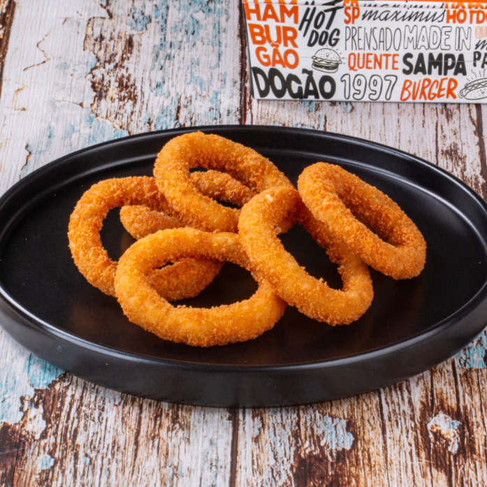 Porção com 6 ou 12 unidades de anéis de cebola empanados, hiper mega crocantes!