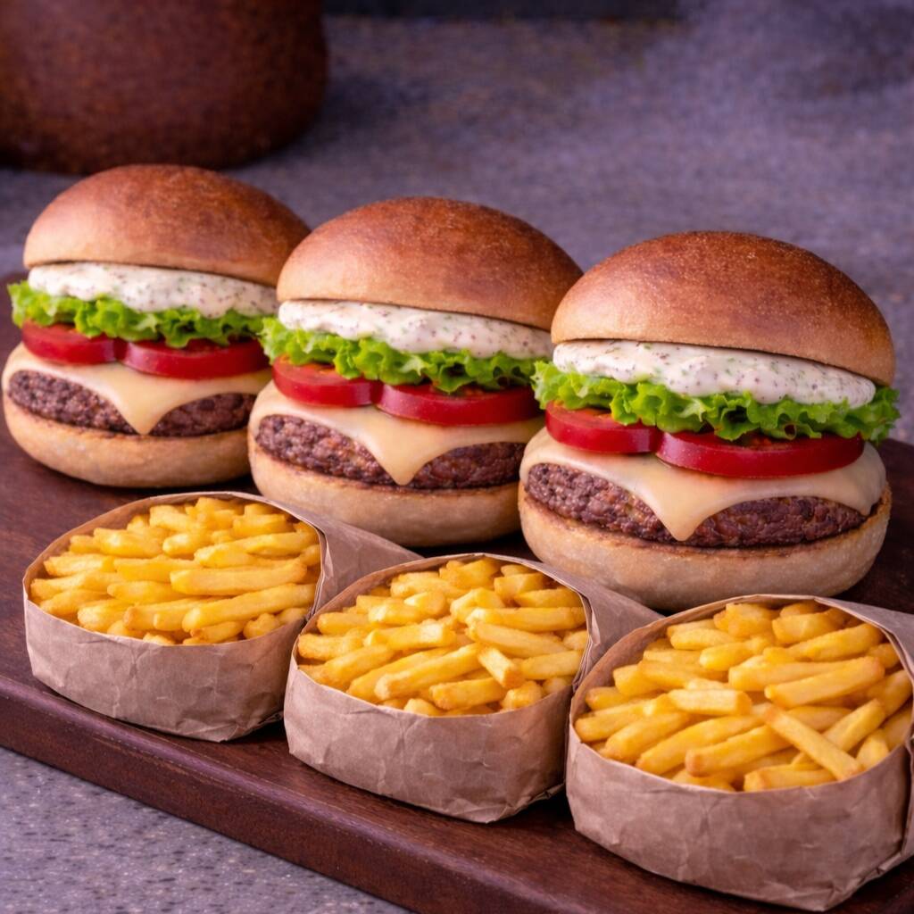 3 burger da sua escolha + 3 batata frita 150g