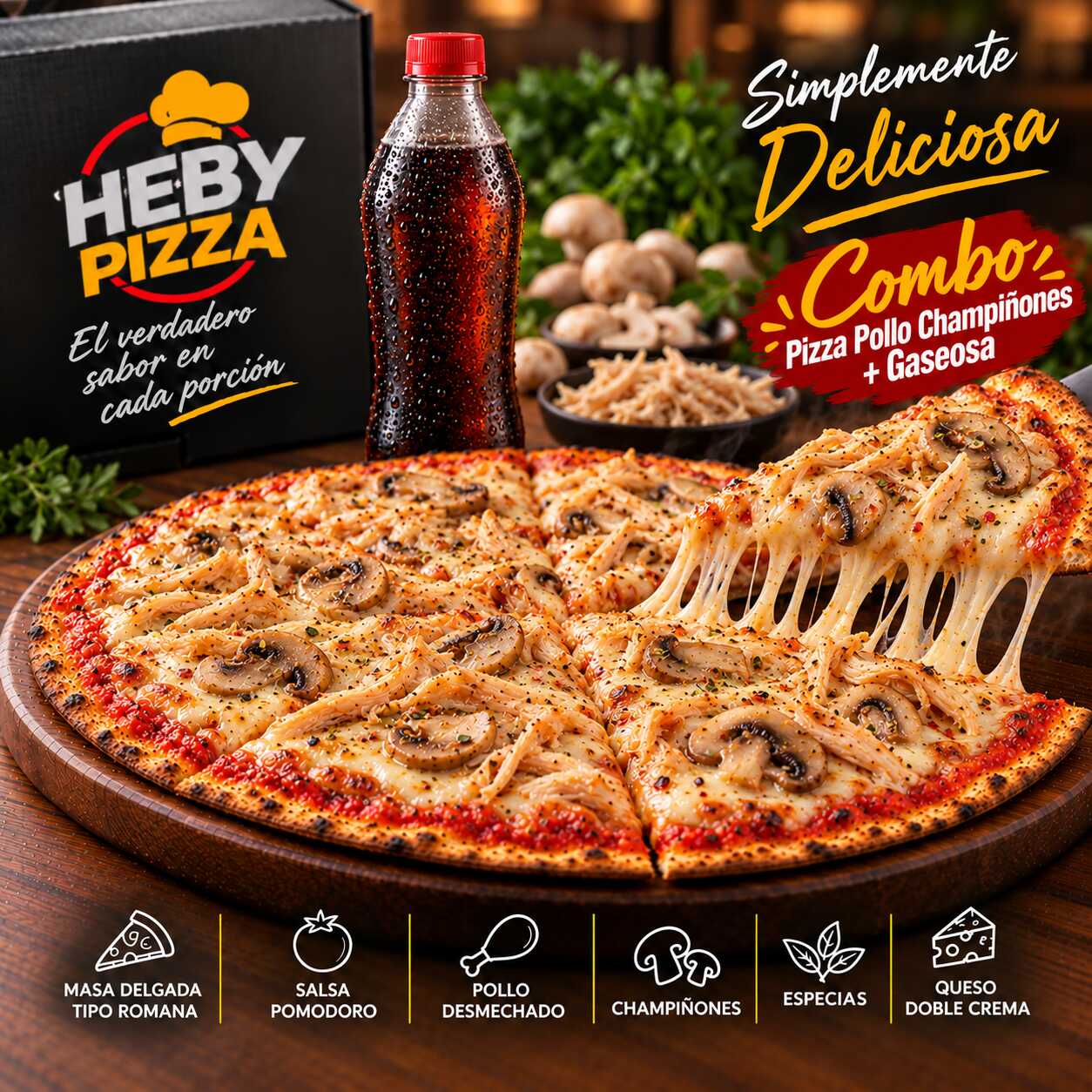 COMBO PIZZA POLLO CHAMPIÑONES + PEPSI 400 ML