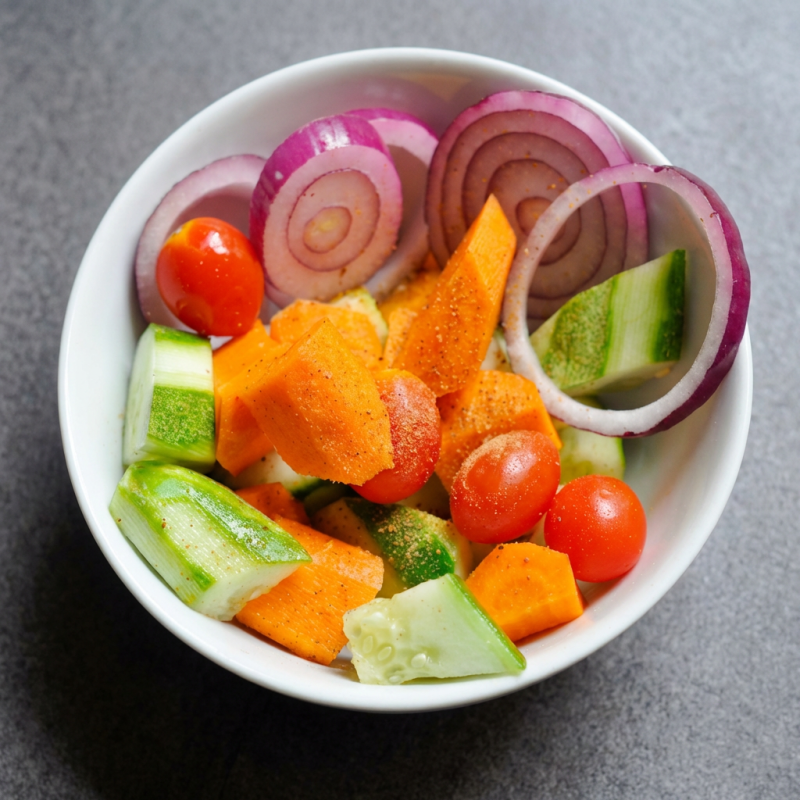 Salada aromatizada com chat masala (especiaria à base de manga seca em pó), cebola roxa, tomate e pepino.