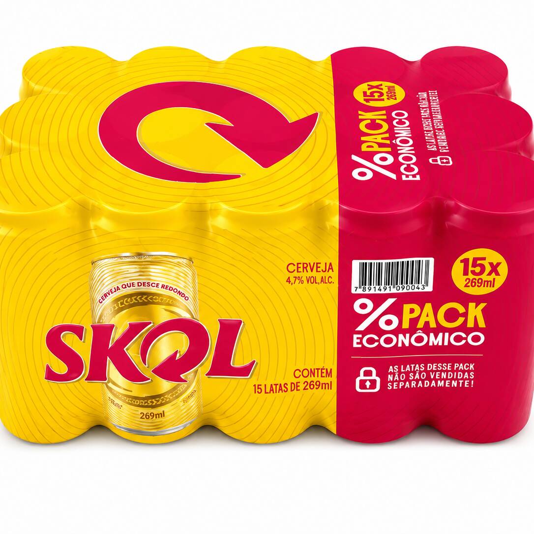 Fardo com 15 latas de Cerveja Skol 269 ml. Cerveja leve, refrescante e ideal para compartilhar. Produto entregue gelado.