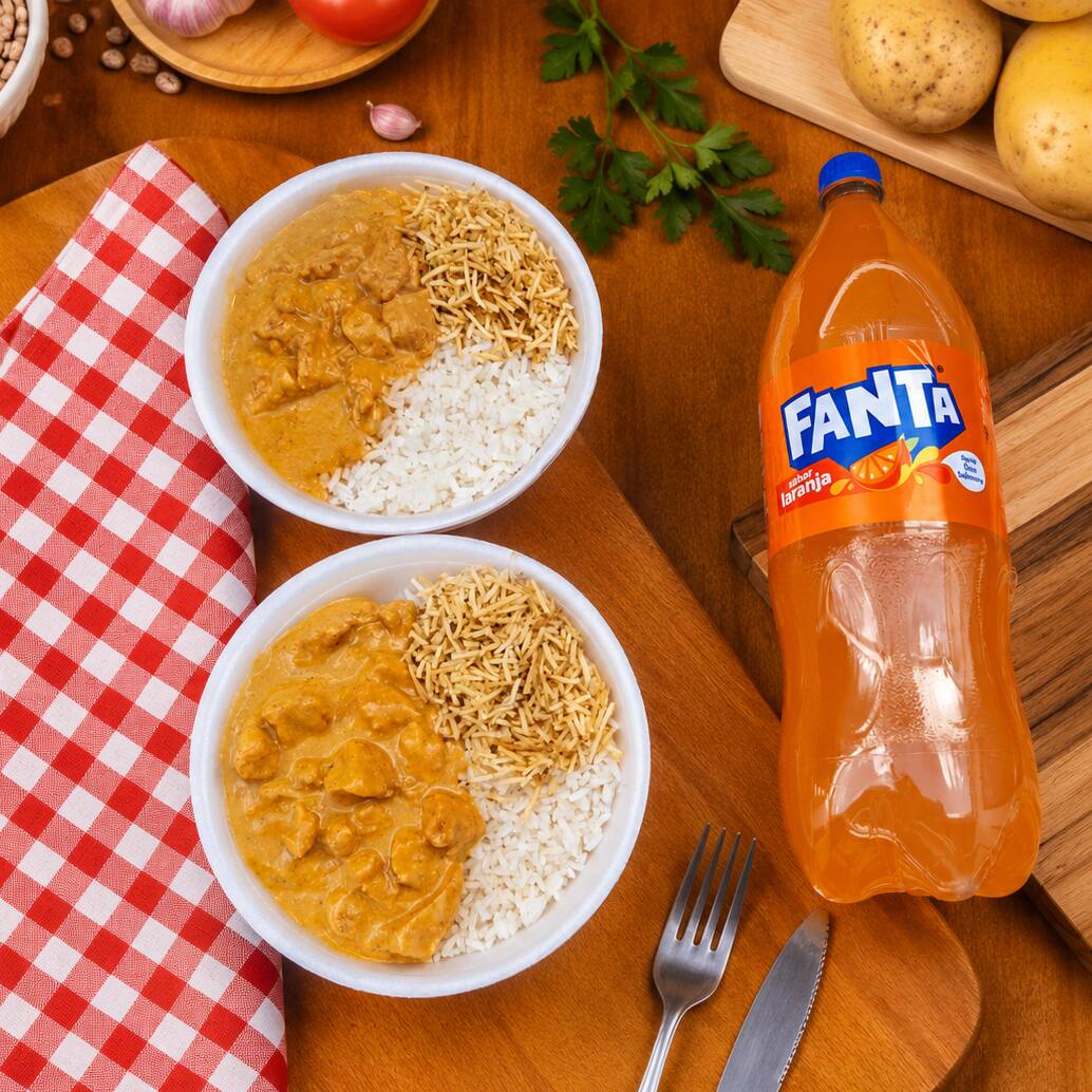 Marmita com delicioso ESTROGONOFE de frango acompanhado de arroz branco vai 1 fanta 2 litros (Marmita Indicada Para 01 Pessoa)