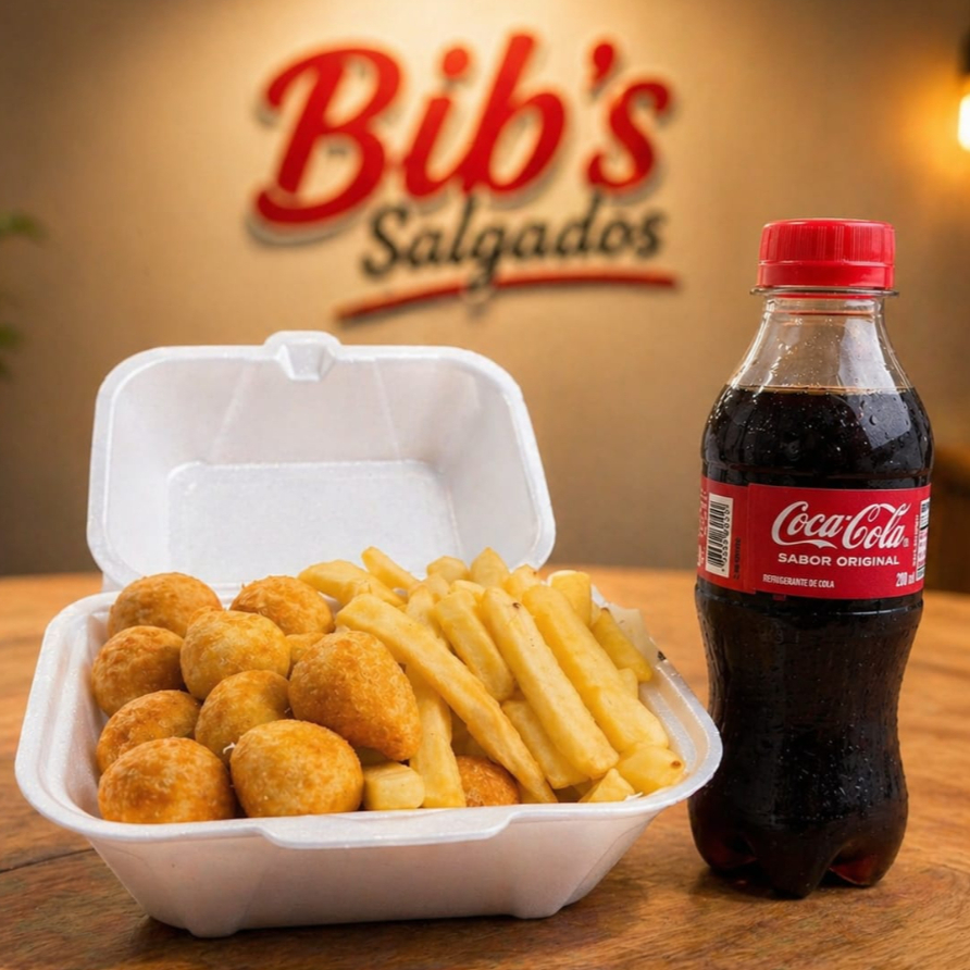 10 coxinha + 10 bolinho de queijo + 200g de batata + coca de 200ml gelada