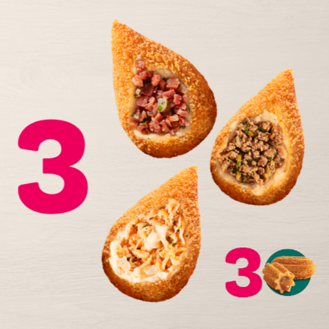 3 Coxinhas Clássicas + 3 Minichurros de Doce de Leite por um preço especial. Corre e garanta essa delícia agora mesmo! Delícia que dá gosto! Cuidado, recheio quente.
