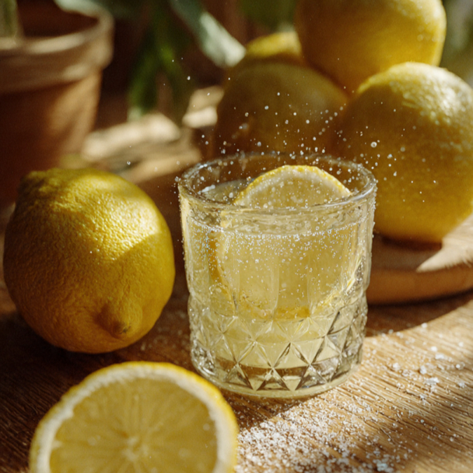 Água, Limão, Açúcar, Gelo.