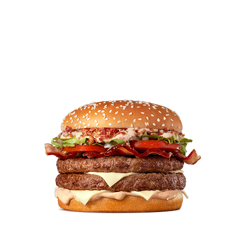 Composto por dois hambúrgueres de carne 100% bovina, o icônico molho tasty, uma combinação especial de bacon crispy e fatias de Bacon, queijo processado sabor emental, tomate, alface, cebola, tudo isso no pão com gergelim