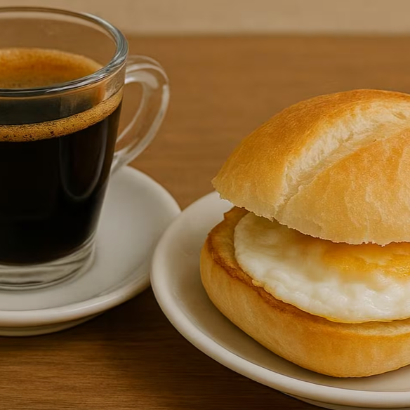 Delícia matinal: pão com ovo + café expresso, sabor e energia para o seu Dia.