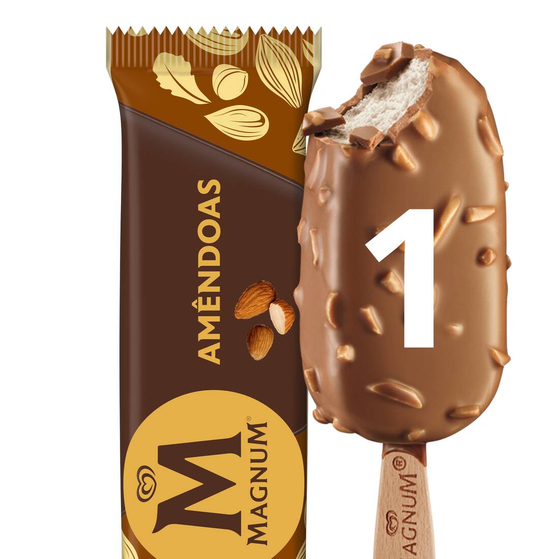 Perfeita combinação de cobertura crocante de chocolate e amêndoas e um cremoso sorvete sabor baunilha.